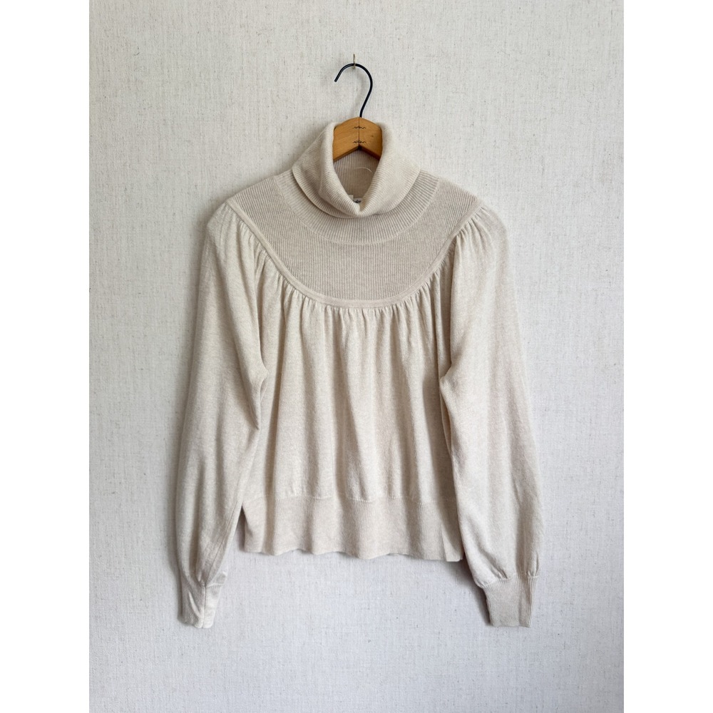 Madewell Turtleneck Sweater Ribbed Yoke Puff Sleeve M Cream Merino Alpaca